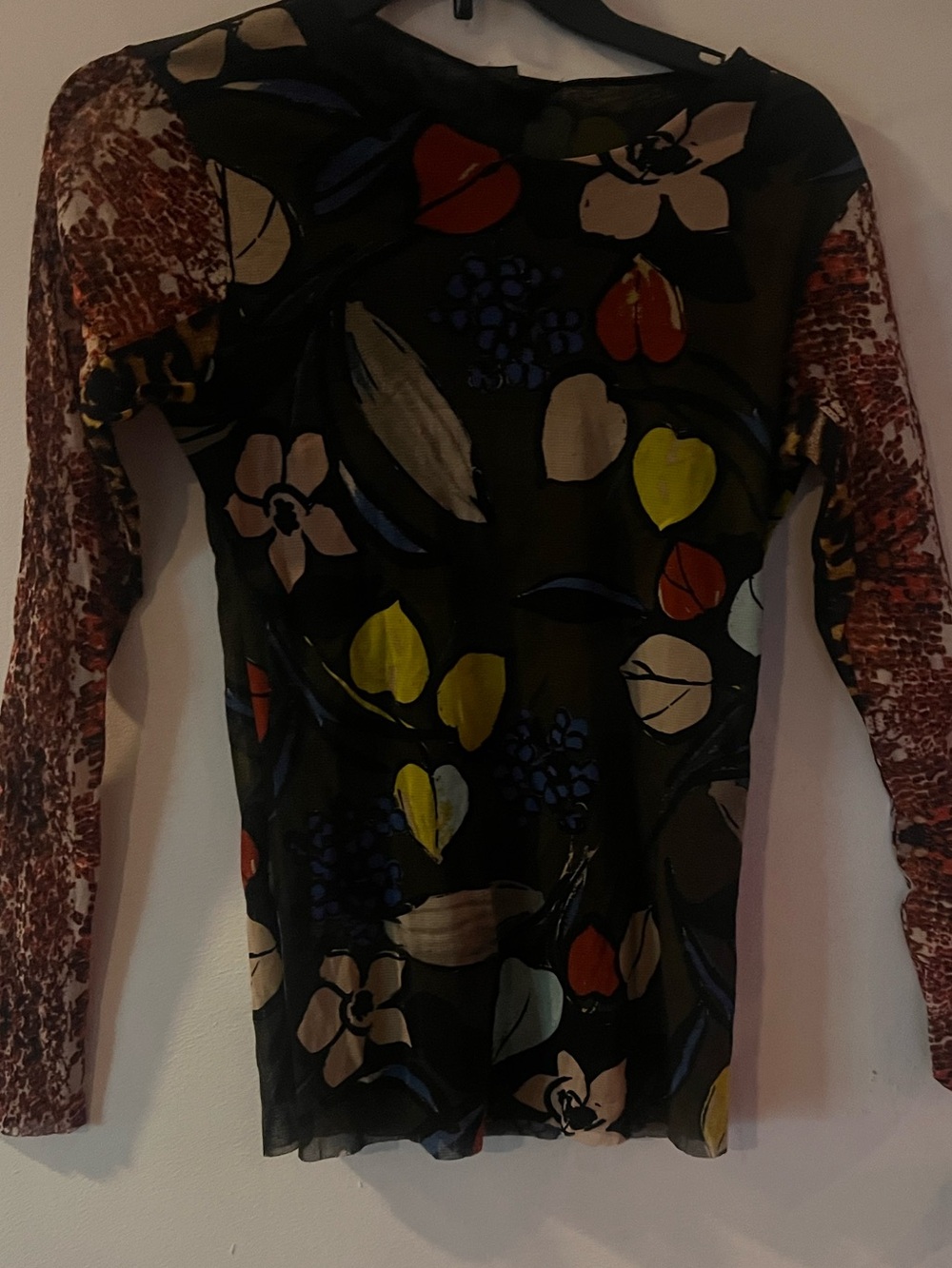 Black Floral Mixed Print Mesh Long Sleeve Top Large Stretch Y2K Large - Picture 4 of 5
